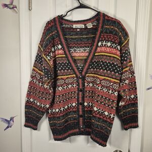 Allison Smith Vintage Tweed Fair Isle Cardigan Green L Grandpacore Academia